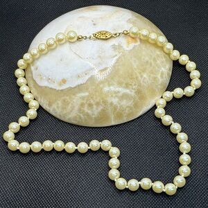 Vintage Signed Avon Hand Knotted Cream Pearl Necklace Strand Gold Tone Clasp